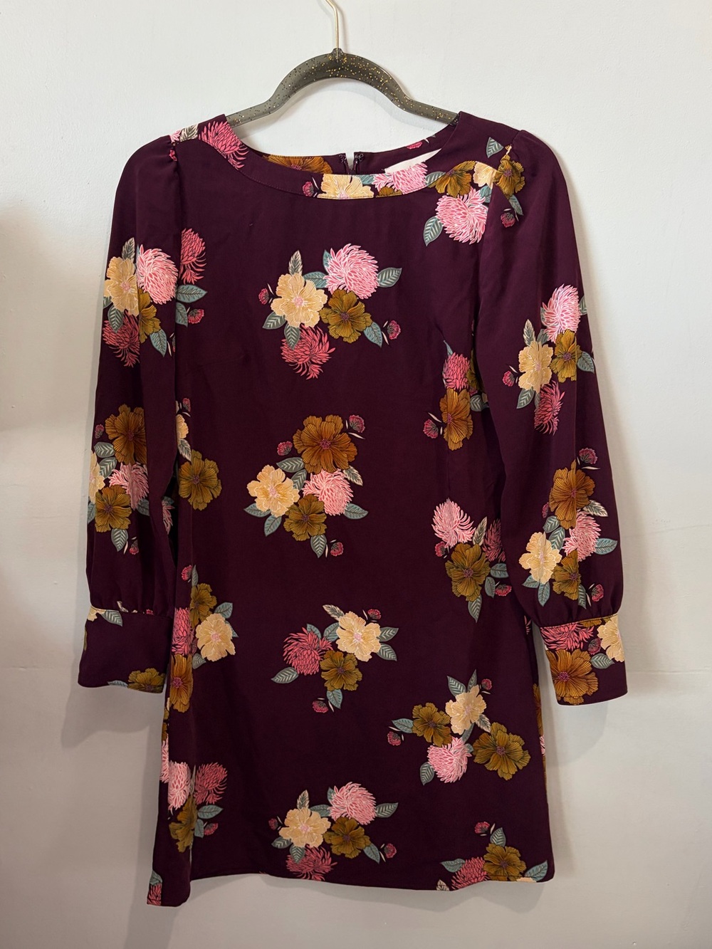 LOFT Burgundy Retro Floral Long Sleeve Shift Dress - Size 2P